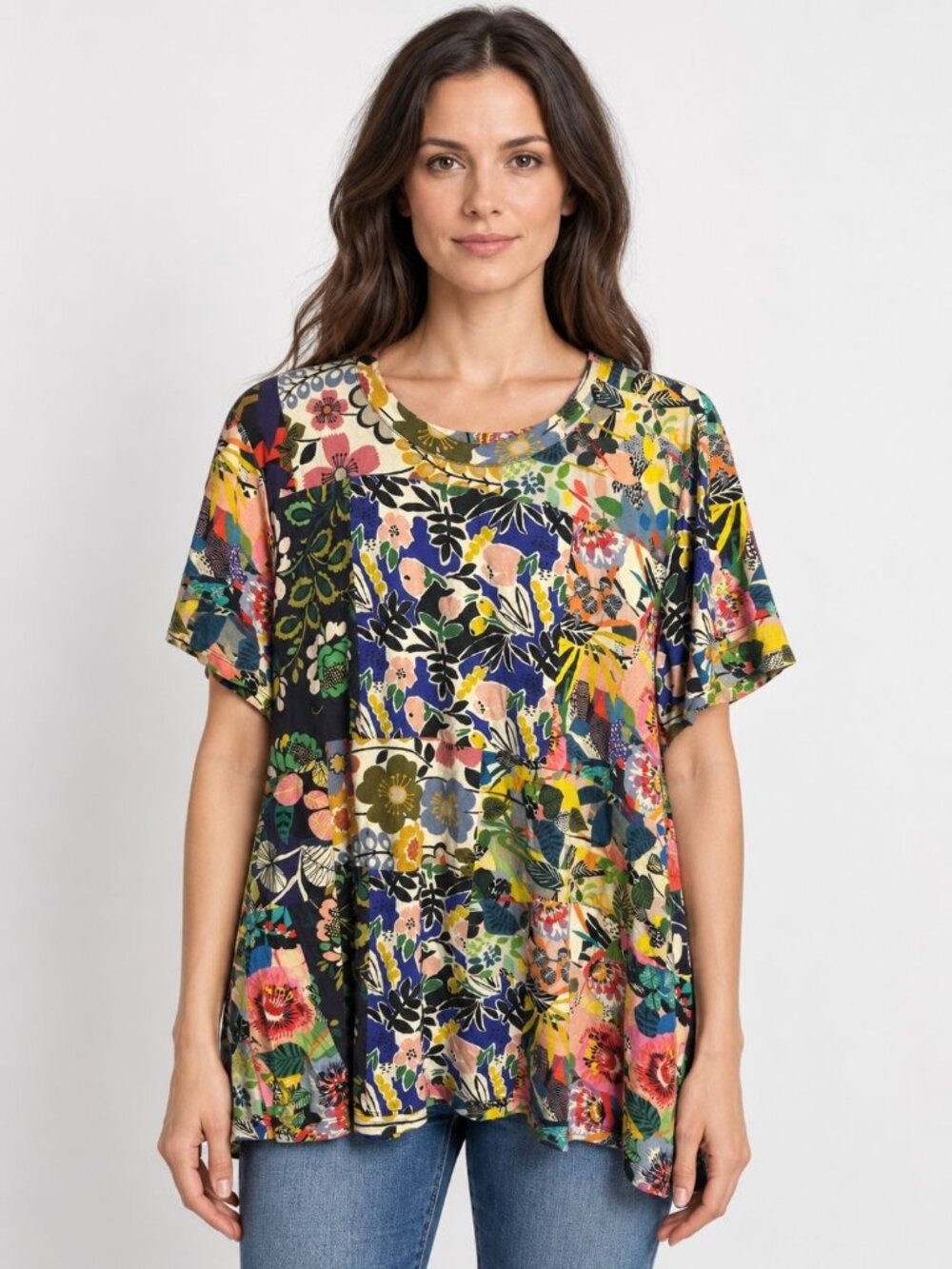 Johnny Was Favorite Swing Tee XL Floral Patchwork Short Sleeve Boho Top